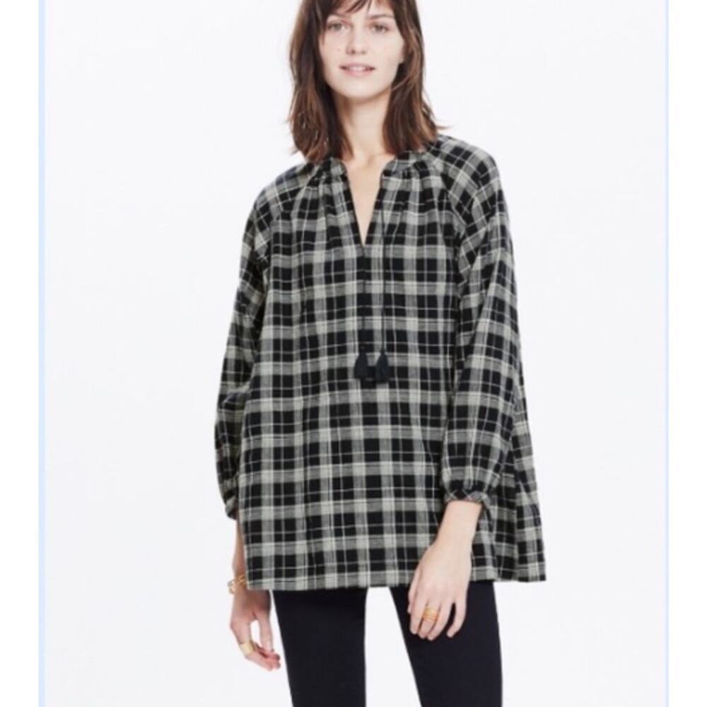 Madewell Womens Linen Blend Peasant Top Size Medium Blue Plaid Fall Tassel Boho